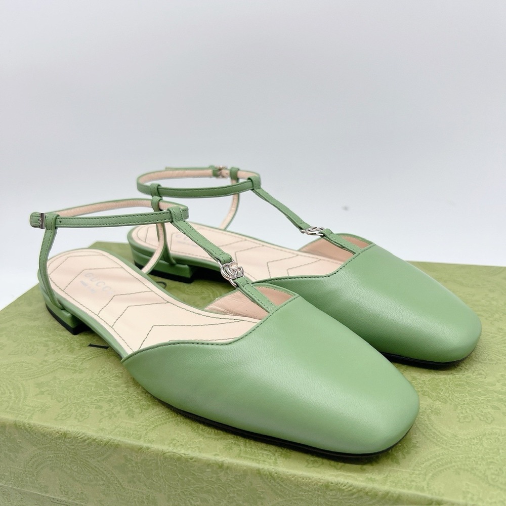 GUCCI Women Ballet Flat DOUBLE G INTERLOCKING LOGO Slingback Green Leather EU 36 - Picture 2 of 11